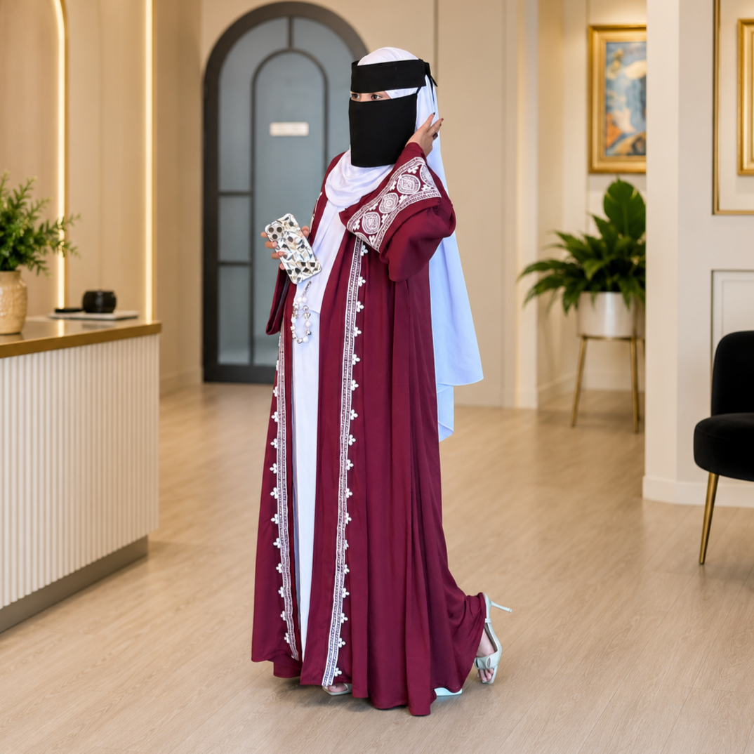 Exclusive Rose Arabian Borka 3-Piece Set - Original Dubai Fabric & Embroidery (Koti, Inner & Hijab) - Image 2