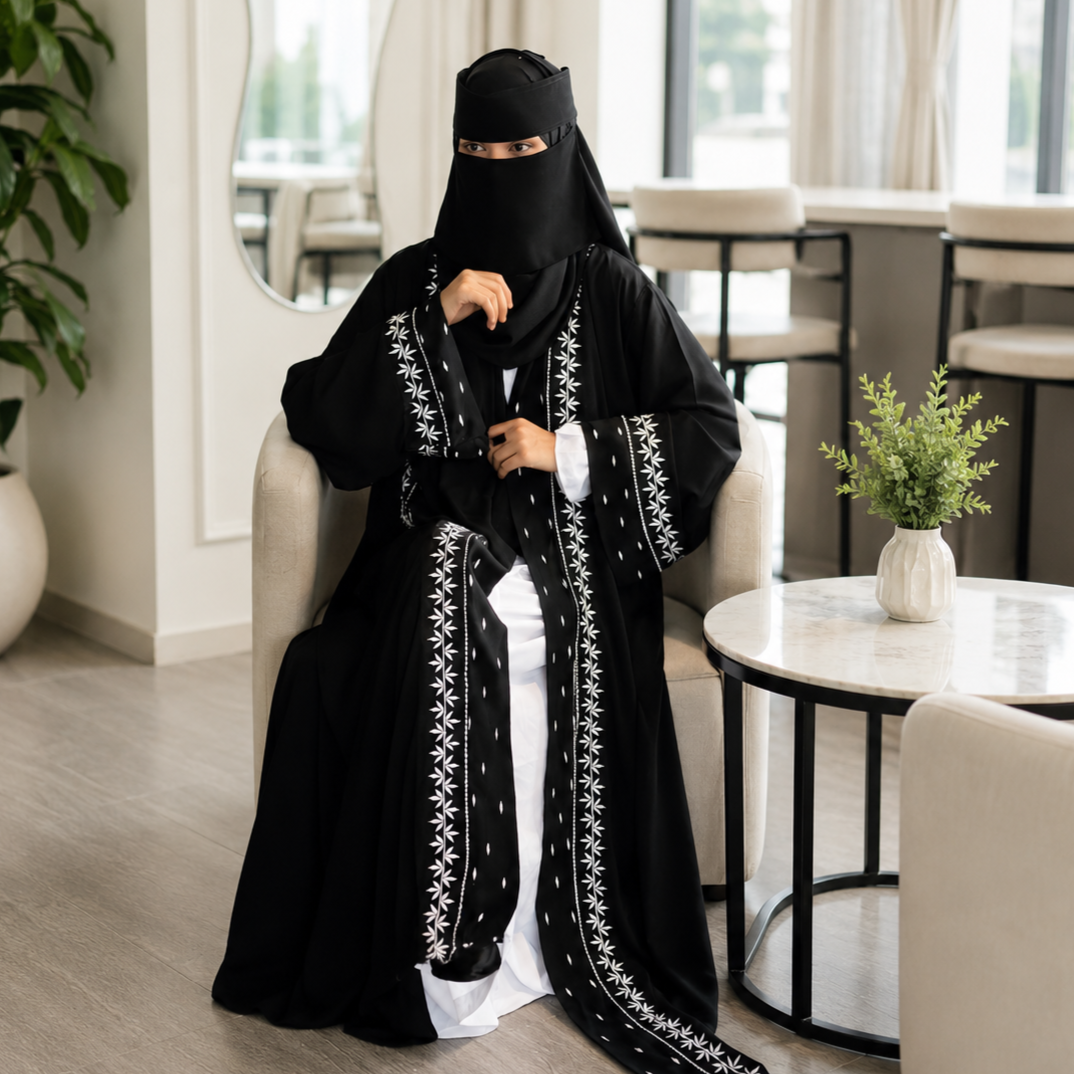 Exclusive Rose Arabian Borka 3-Piece Set - Original Dubai Fabric & Embroidery (Koti, Inner & Hijab) - Image 2
