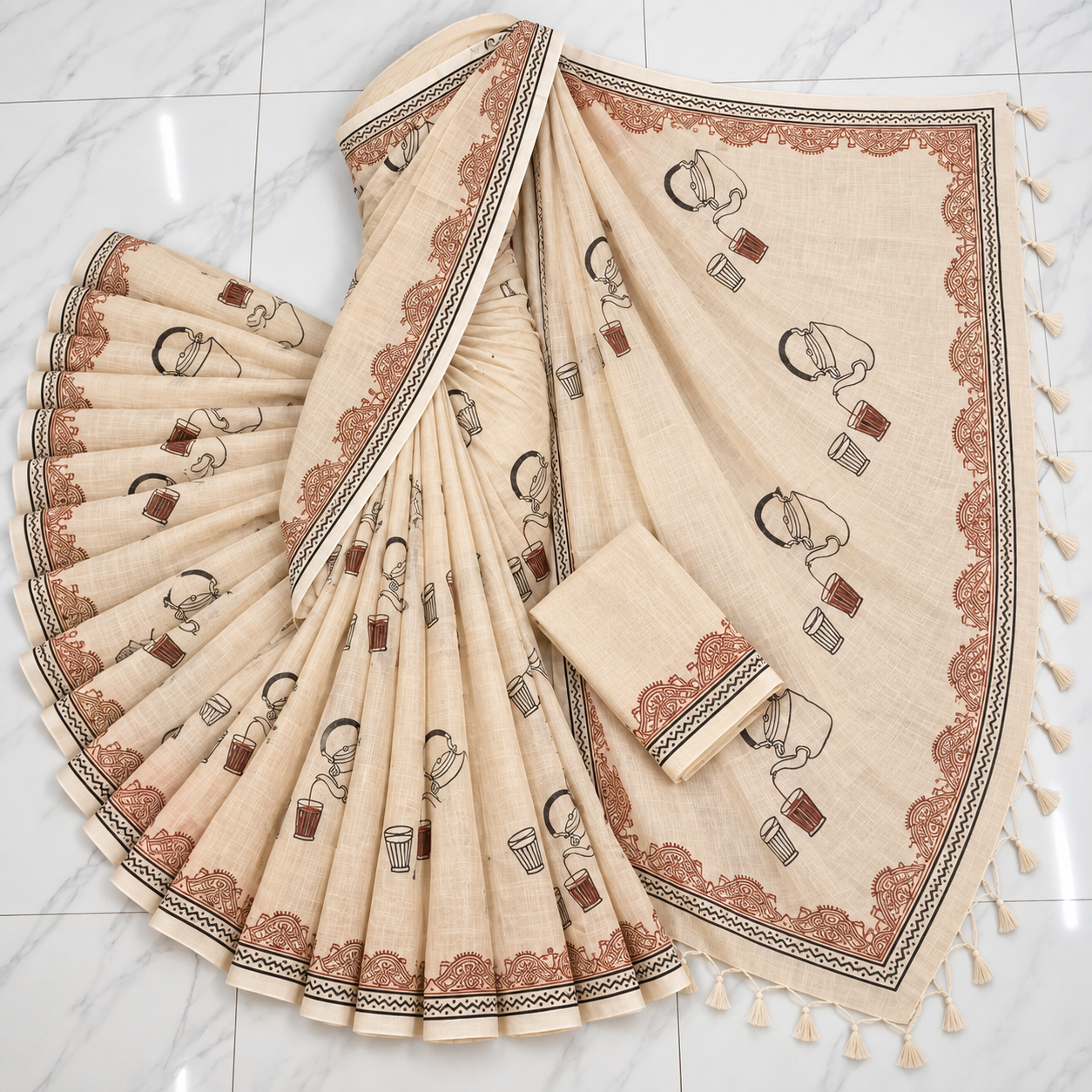 Exclusive Off-White ‘Tea-Lover’ Art Block Print Cotton Saree - Image 2