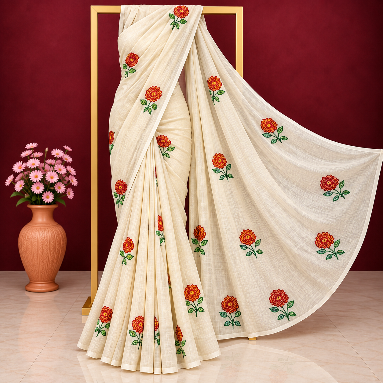 Exclusive off-white cotton saree with floral embroidery