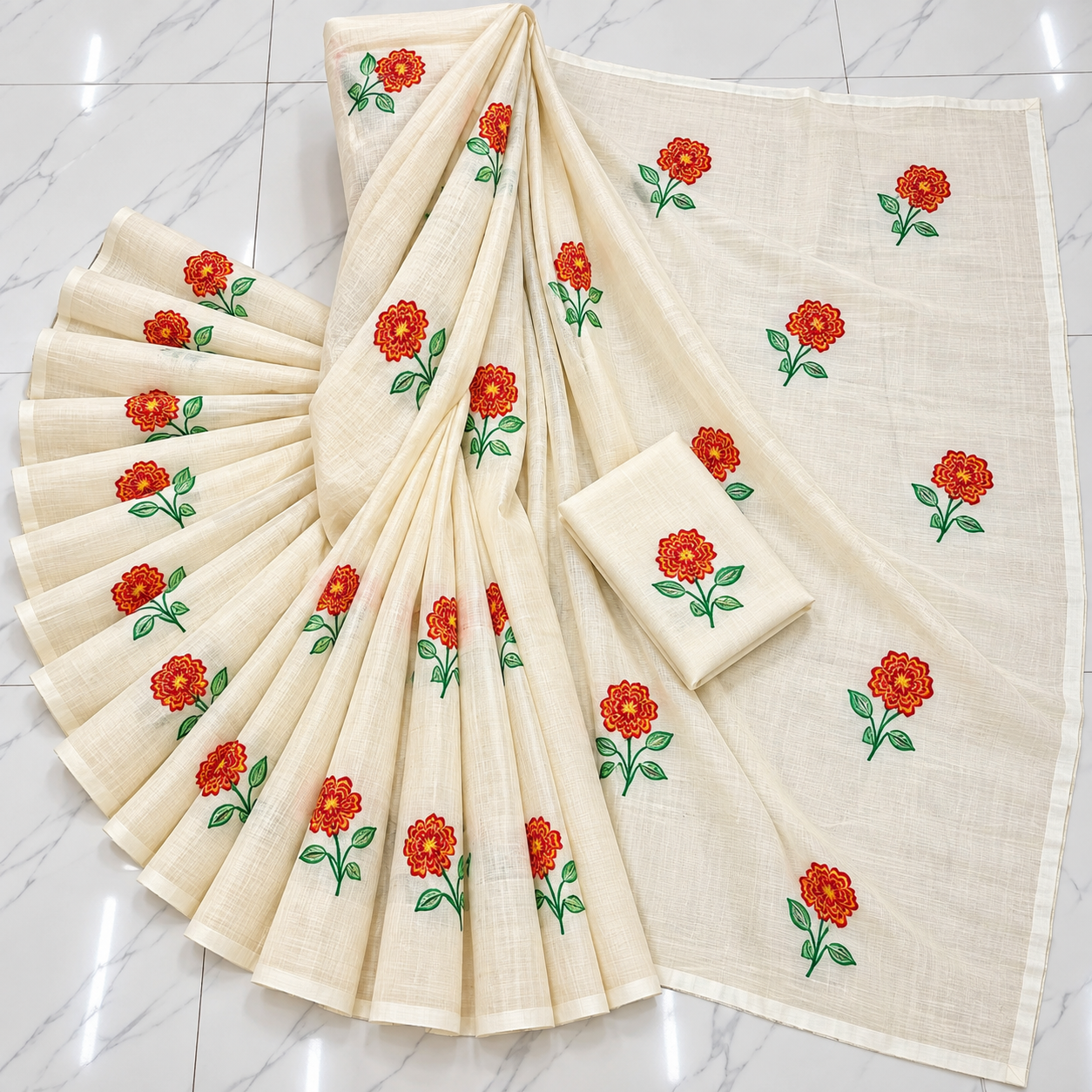 Exclusive off-white cotton saree with floral embroidery - Image 2