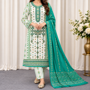 Premium Off-White and Sea-Green Cotton Three Piece Set
