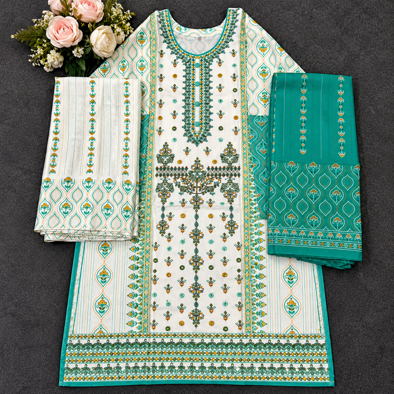 Premium Off-White and Sea-Green Cotton Three Piece Set - Image 2