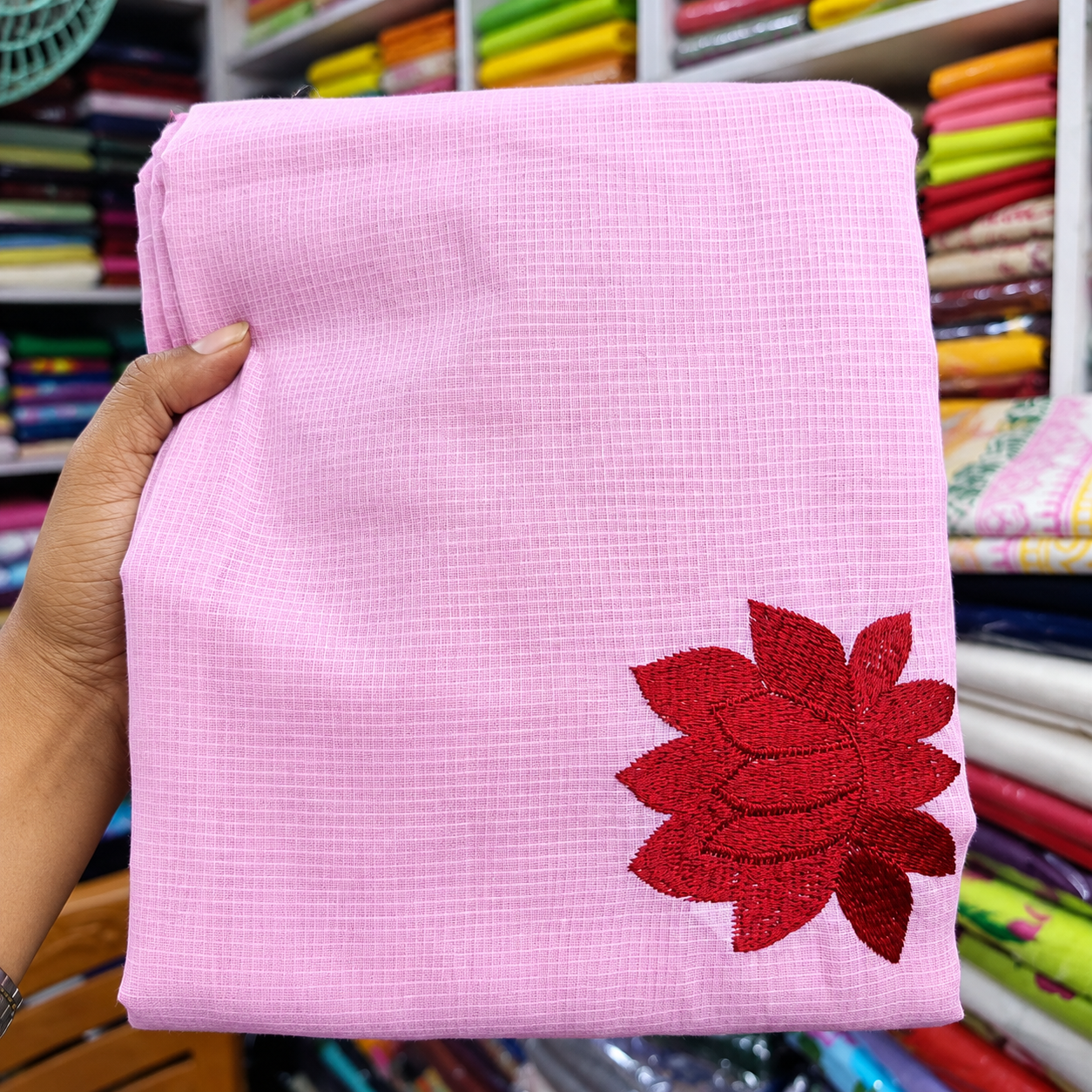 Exclusive Baby Pink Cotton Embroidered Saree - Image 2