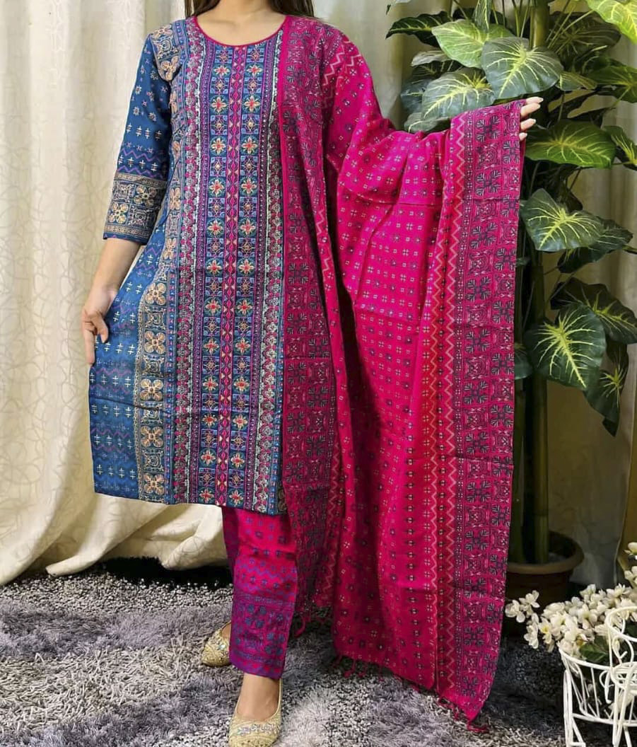 Women's Fashion Salwar-Kameez 3 Pcs Premium Cotton Block and Digital Print Three-Piece Set