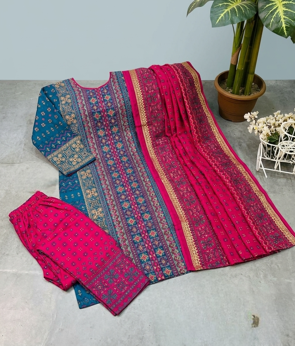 Women's Fashion Salwar-Kameez 3 Pcs Premium Cotton Block and Digital Print Three-Piece Set - Image 2